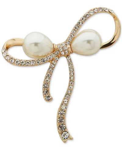 Anne Klein Gold-tone Imitation Pearl & Crystal Pave Ribbon Bow Pin