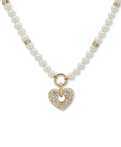Anne Klein Gold-tone Imitation Pearl & Pave Heart Pendant Necklace, 16" + 3" Extender