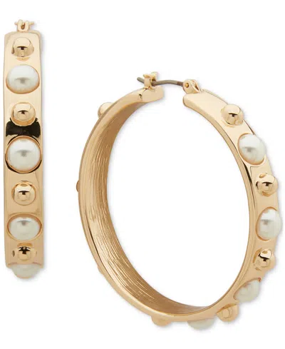 Anne Klein Gold-tone Imitation Pearl & Polished Bead Medium Hoop Earrings, 1.44"