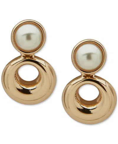 Anne Klein Gold-tone Imitation Pearl Button Open Circle Drop Earrings