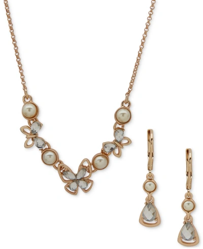 Anne Klein Gold-tone Imitation-pearl Crystal Butterfly Necklace & Drop Earrings Set