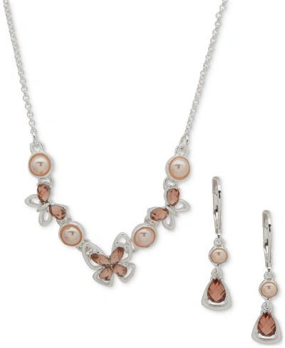 Anne Klein Gold-tone Imitation-pearl Crystal Butterfly Necklace & Drop Earrings Set In Pink