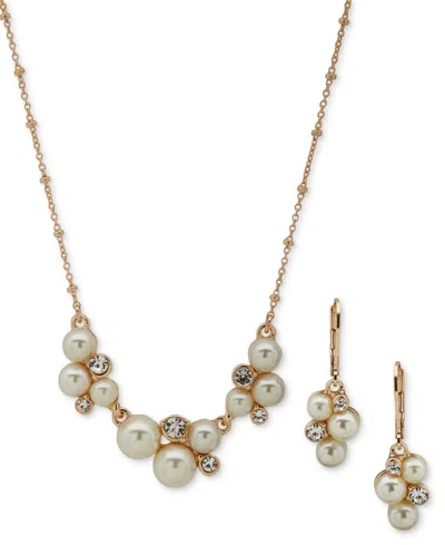 Anne Klein Gold-tone Imitation Pearl Crystal Cluster Drop Earrings & Frontal Necklace Set, 16" + 3" Extender