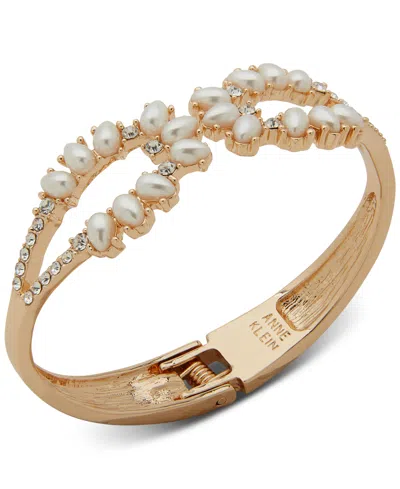 Anne Klein Gold-tone Imitation Pearl Crystal Open Stone Hinge Bracelet