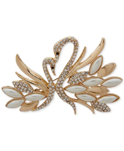 Anne Klein Gold-tone Imitation Pearl Crystal Swans Pin