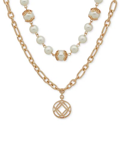 Anne Klein Gold-tone Imitation Pearl Disc Pendant Necklace, 16" + 3" Extender In White