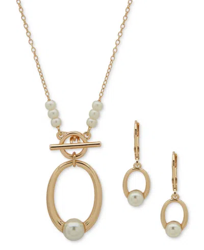 Anne Klein Gold-tone Imitation Pearl Open Circle Pendant Necklace & Earrings Set