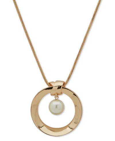 Anne Klein Gold-tone Imitation Pearl Orbital Circle Long Pendant Necklace, 32" + 3" Extender