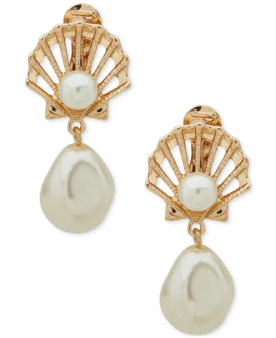 Anne Klein Gold-tone Imitation Pearl Shell-motif Clip-on Drop Earrings In White