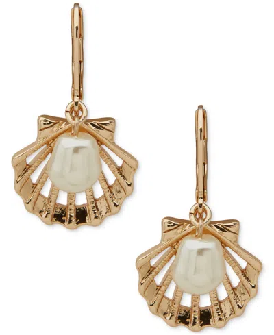 Anne Klein Gold-tone Imitation Pearl Shell-motif Drop Earrings In White