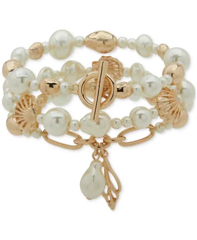 Anne Klein Gold-tone Imitation Pearl Shell-motif Triple-row Stretch Bracelet