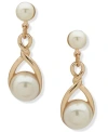 Anne Klein Gold-tone Imitation Pearl Twisted Drop Earrings In White