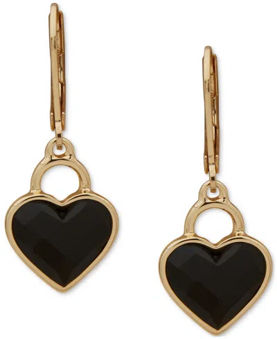 Anne Klein Gold-tone Jet Stone Heart Motif Dangling Drop Earrings