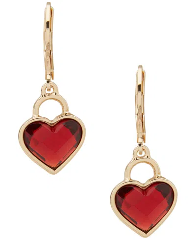 Anne Klein Gold-tone Jet Stone Heart Motif Dangling Drop Earrings In Red