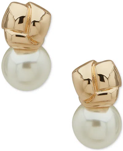 Anne Klein Gold-tone Knot & Imitation Pearl Stud Earrings