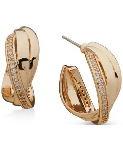 Anne Klein Gold-tone Medium Pave Crossover C-hoop Earrings, 1.2"