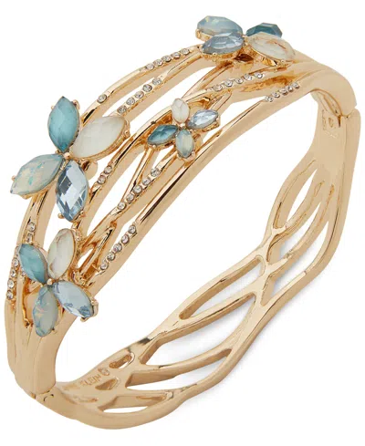 Anne Klein Gold-tone Mixed Stone Flower Bangle Bracelet In Blue
