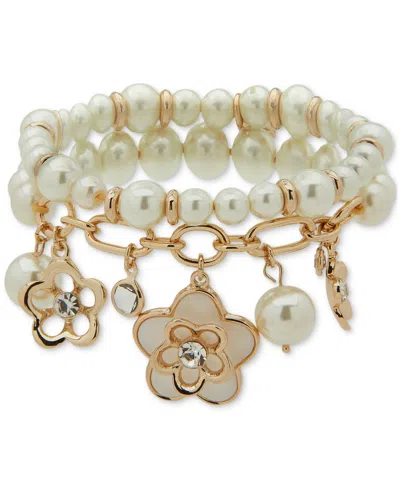 Anne Klein Gold-tone Mixed Stone Flower Charm Double-row Stretch Bracelet In Pearl