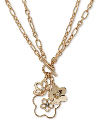 Anne Klein Gold-tone Mixed Stone Flower Convertible 18"/36" Pendant Necklace In Pearl
