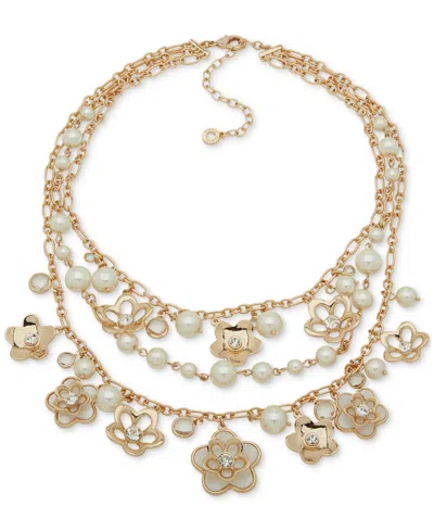 Anne Klein Gold-tone Mixed Stone Flower Layered Statement Necklace, 16" + 3" Extender In Pearl