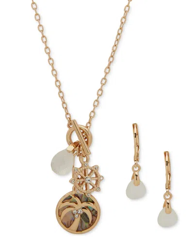 Anne Klein Gold-tone Mixed Stone Multi-charm Pendant Necklace & Drop Earrings Set