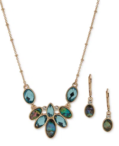 Anne Klein Gold-tone Mixed Stone Statement Necklace & Drop Earrings Set In Blue