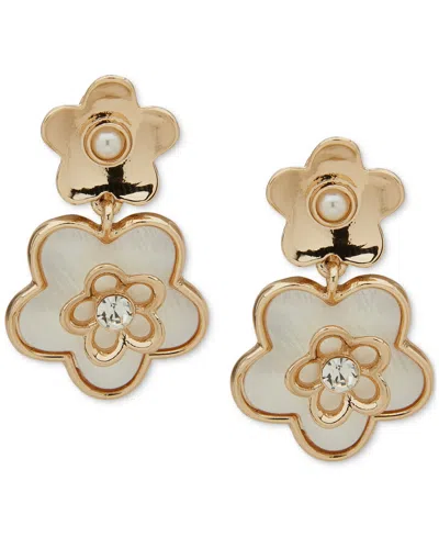 Anne Klein Gold-tone Mother Of Pearl Crystal Flower Clip On Earrings
