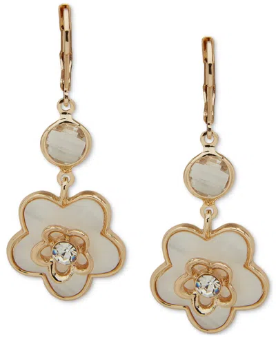 Anne Klein Gold-tone Mother Of Pearl Crystal Flower Drop Earrings