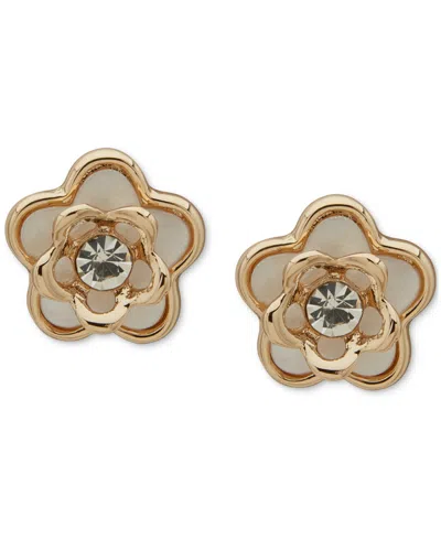 Anne Klein Gold-tone Mother Of Pearl Crystal Flower Stud Earrings
