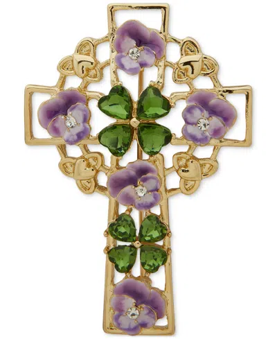 Anne Klein Gold-tone Multicolor Flower Cross Pin