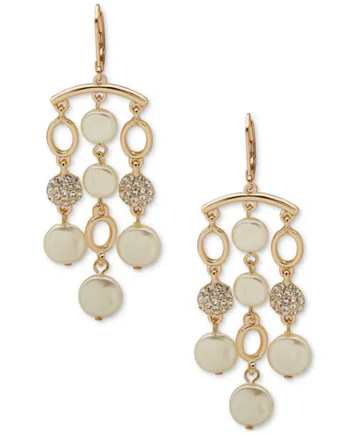 Anne Klein Gold-tone Pave & Imitation Pearl Disc Chandelier Earrings In Crystal