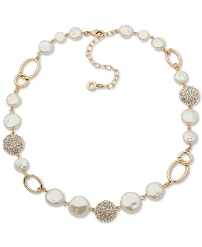 Anne Klein Gold-tone Pave & Imitation Pearl Disc Collar Necklace, 16" + 3" Extender In Crystal