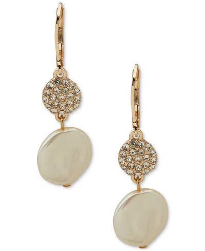 Anne Klein Gold-tone Pave & Imitation Pearl Disc Double Drop Earrings