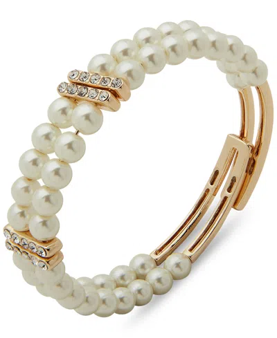 Anne Klein Gold-tone Pave & Imitation Pearl Double-row Coil Bracelet In Crystal