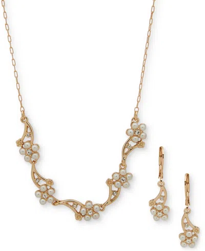 Anne Klein Gold-tone Pave & Imitation Pearl Flower Statement Necklace & Drop Earrings Set In White