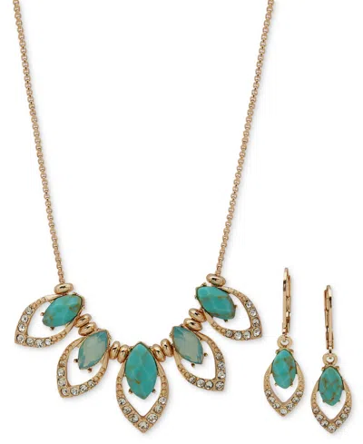 Anne Klein Gold-tone Pave & Navette Stone Statement Necklace & Drop Earrings Set In Green