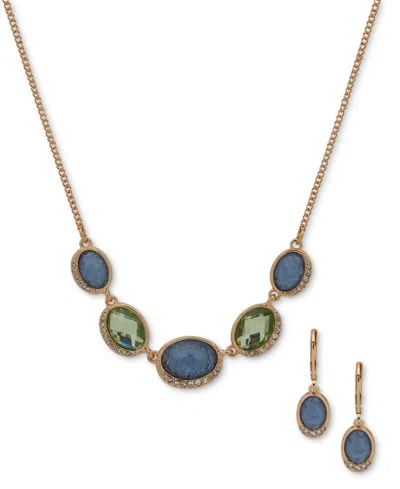Anne Klein Gold-tone Pave & Oval Stone Statement Necklace & Drop Earrings Set In Multi