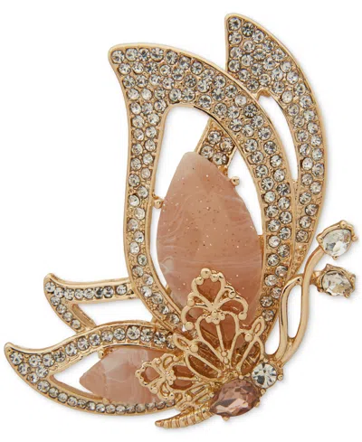 Anne Klein Gold-tone Pave & Stone Flying Butterfly Pin In Pink