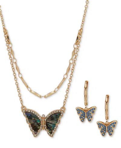 Anne Klein Gold-tone Pave & Stone Layered Pendant Necklace & Drop Earrings Set In Multi