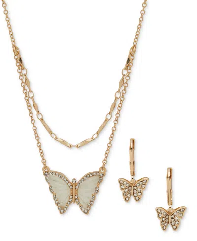 Anne Klein Gold-tone Pave & Stone Layered Pendant Necklace & Drop Earrings Set In White