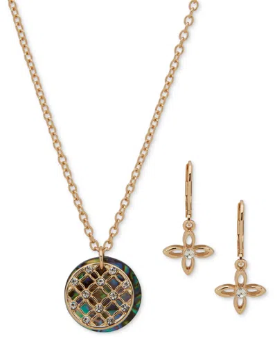 Anne Klein Gold-tone Pave Filigree & Mother-of-pearl Disc Pendant Necklace & Drop Earrings Set In Multi
