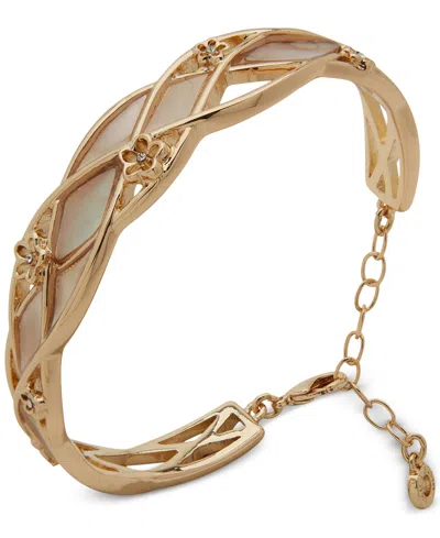 Anne Klein Gold-tone Pave Flower Mother-of-pearl Inlay Cuff Bracelet In Crystal