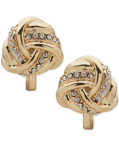 Anne Klein Gold-tone Pave Knot Clip-on Button Earrings In Crystal