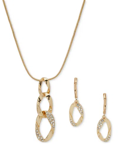 Anne Klein Gold-tone Pave Link Pendant Necklace & Drop Earrings Set In Crystal Wh