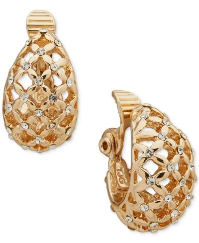Anne Klein Gold-tone Pave Mesh Clip-on Button Earrings In Crystal