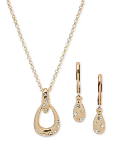 Anne Klein Gold-tone Pave Pear-shape Pendant Necklace & Drop Earrings Set In Crystal Wh
