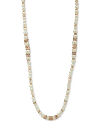Anne Klein Gold-tone Pave Rondell Bead & Imitation Pearl 42" Strand Necklace