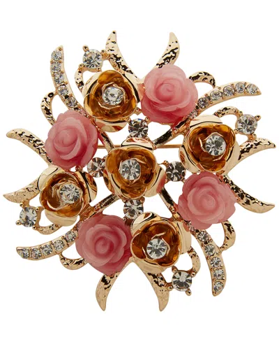 Anne Klein Gold-tone Pave Rose Bouquet Pin In Pink