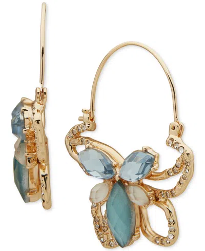 Anne Klein Gold-tone Pave, Tonal Stone & Mother-of-pearl Flower Hoop Earrings In Blue