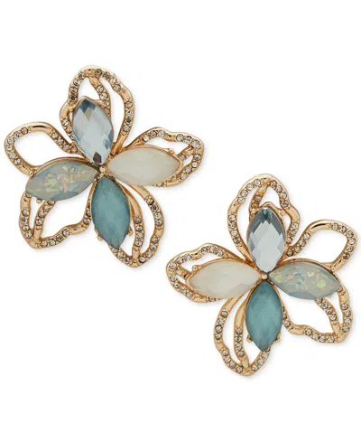 Anne Klein Gold-tone Pave, Tonal Stone & Mother-of-pearl Flower Statement Stud Earrings In Blue